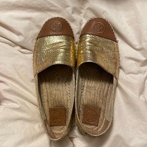 Tory Burch gold/royal tan espadrilles. Size 8.